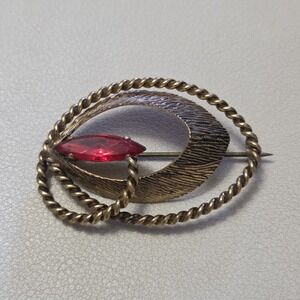 Vintage WESTERN GERMANY Signed Red Rhinestone Gold‎ Tone Modernist Brooch Pin